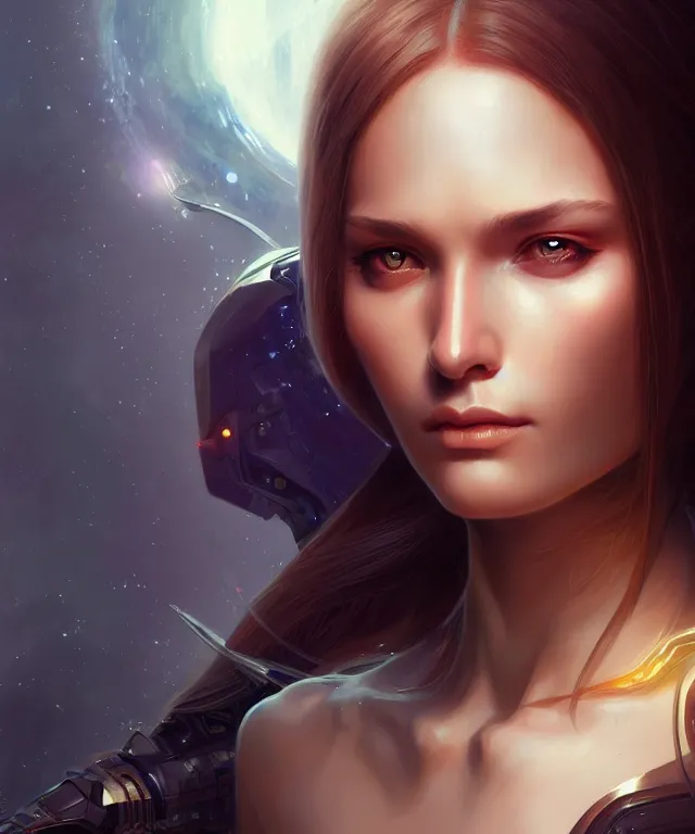 Image similar to futuristic young woman portrait, sci-fi, amber eyes, face, long hair, fantasy, intricate, elegant, highly detailed, digital painting, artstation, concept art, smooth, sharp focus, illustration, art by artgerm and greg rutkowski and alphonse mucha