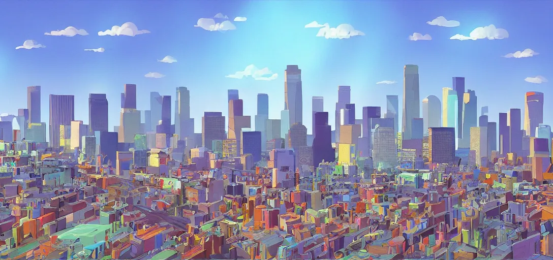 Prompt: visual development los angeles skyline cityscape, by lou romano, pixar disney dreamworks sony animation, photoshop, the art of books