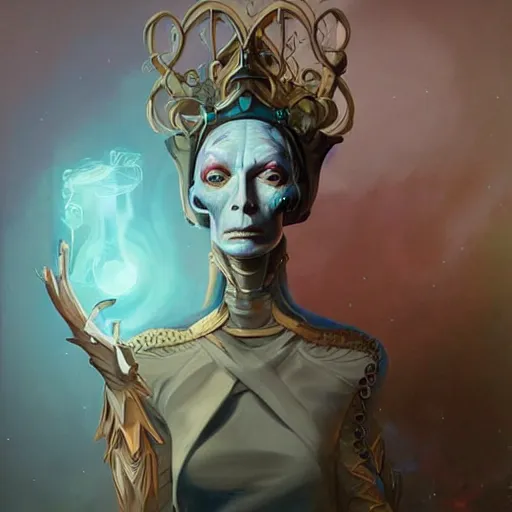 Prompt: Tilda Swinton, Borg queen, peter mohrbacher, highly detailed