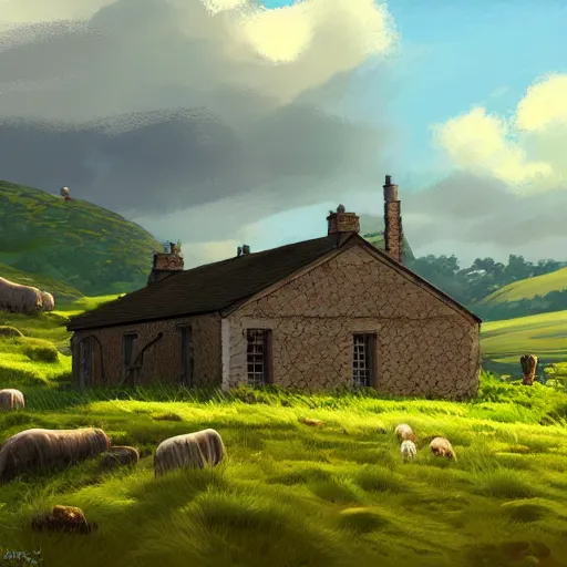 Prompt: irish homestead in the countryside amidst rolling hills, highly detailed, digital painting, concept art, sharp focus, by makoto shinkai