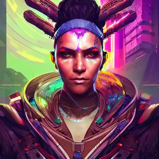 Image similar to sovereign souls, Apex Legends character digital illustration portrait design, by android jones and greg rutkowski in a cyberpunk voodoo style, retrowave color scheme, detailed, cinematic lighting, wide angle action dynamic portrait