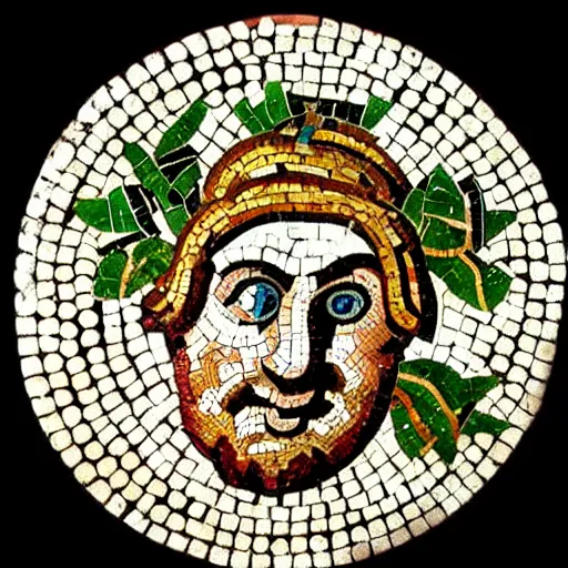 Prompt: ancient roman beautiful mosaic of teletubby with leaves and grape in his hair