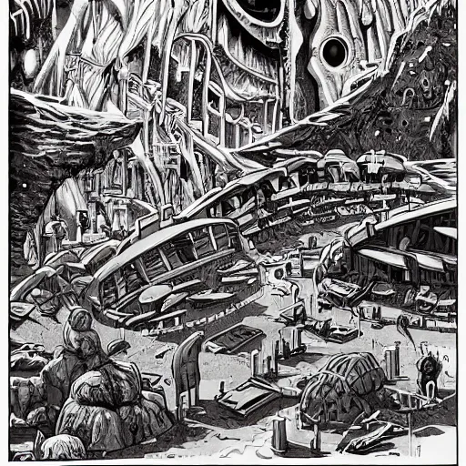 Prompt: extraterrestrial tribe village on ancient post - apocalyptic planet, jim henson creature shop, fantastic planet,, moebius, valerian, robert crumb, vivid, cinematic, rough paper, illustration