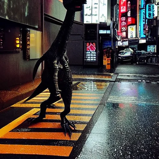 Prompt: “ cyberpunk dinosaur on a rainy tokyo street, posing menacingly, high detail photograph ”