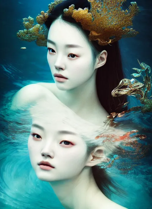 Image similar to an underwater photographic beauty portrait of jingna zhang, cinematic, volumetric lighting, fantasy, intricate, elegant, highly detailed, digital painting, artstation, concept art, smooth, sharp focus, illustration, art by ayami kojima, artgerm and h r giger and alphonse mucha