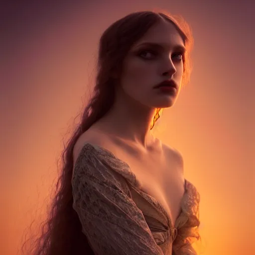 Image similar to photographic portrait of a stunningly beautiful gothic art nouveau female in soft dreamy light at sunset, contemporary fashion shoot, by edward robert hughes, annie leibovitz and steve mccurry, david lazar, jimmy nelsson, breathtaking, 8 k resolution, extremely detailed, beautiful, establishing shot, artistic, hyperrealistic, beautiful face, octane render