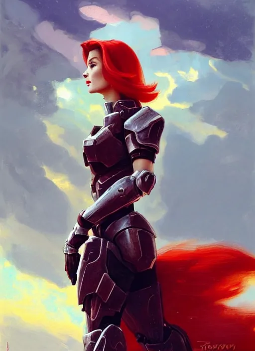 Prompt: A combination of Adriana Dxim's and Grace Kelly's and Ashley Greene's appearances with red hair wearing Forerunner armor from Halo, countryside, calm, fantasy character portrait, dynamic pose, above view, sunny day, thunder clouds in the sky, artwork by Jeremy Lipkin and Giuseppe Dangelico Pino and Michael Garmash and Rob Rey and Greg Manchess and Huang Guangjian, very coherent asymmetrical artwork, sharp edges, perfect face, simple form, 100mm