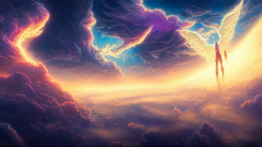 Prompt: Cloudscape by Adam Paquette, nebula gasses in the background by Gene Raz Von Edler, fantasy warrior with angel wings concept art from deviantart by Donato Giancola, Rendered in Octane, cinematic, Highly Detailed