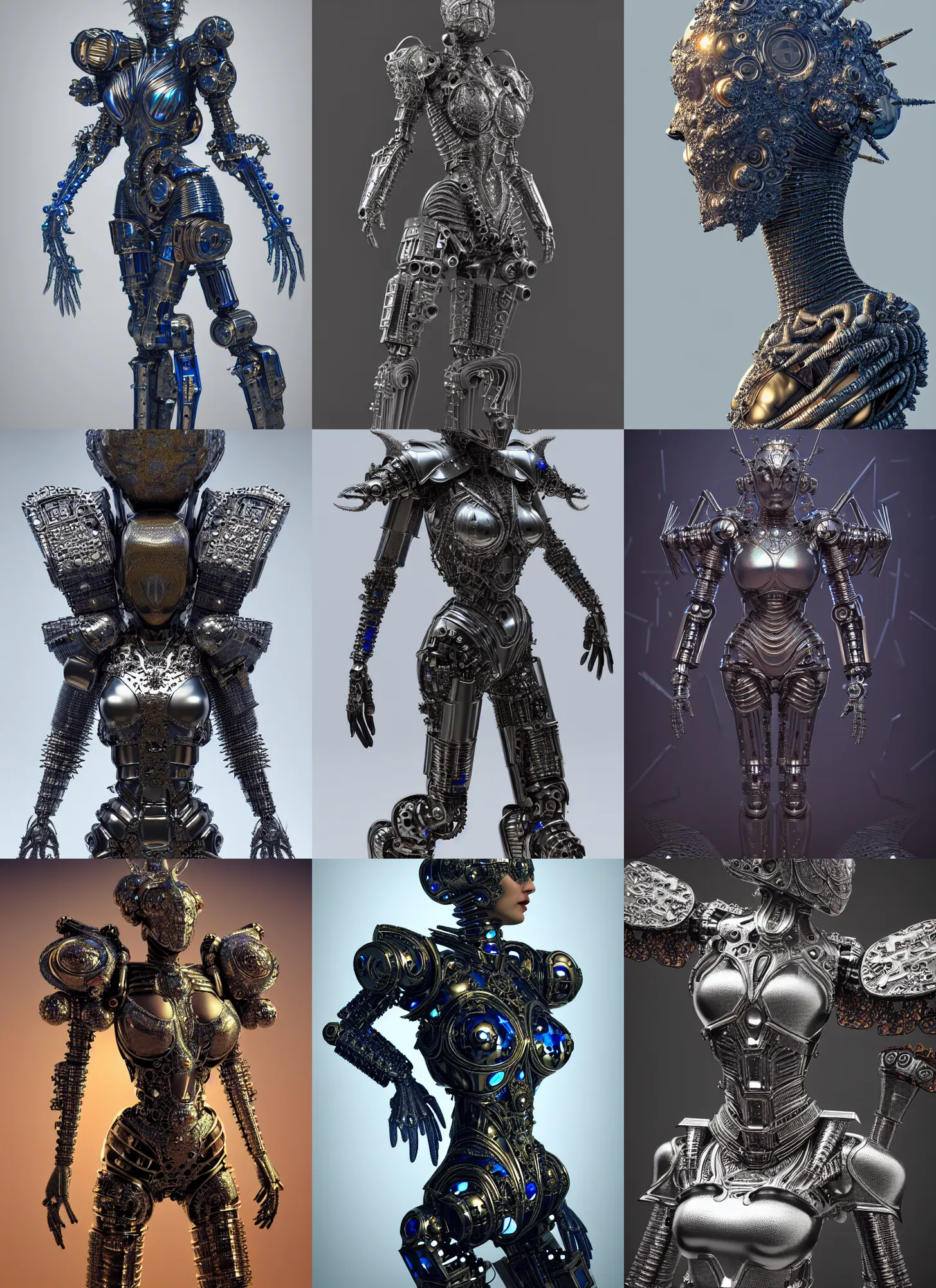 Prompt: full body portrait of a maginificent metallic armored cyborg queen, elegant intricate detailed, mandelbrot fractal, lapis lazuli, subsurface scattering, by rene gorecki, h r giger, octane render, 8 k