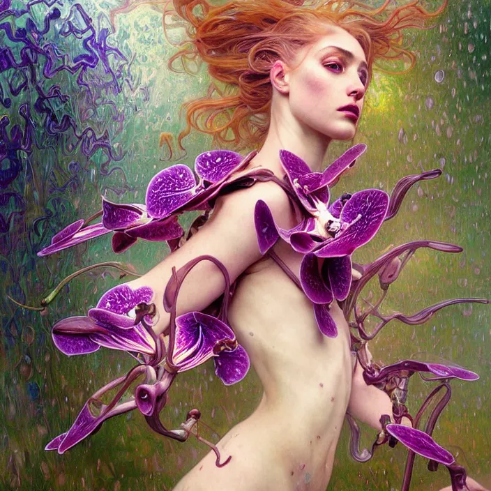 Image similar to psychedelic organic cyborg orchid in heavy wind and rain, diffuse lighting, fantasy, intricate, elegant, highly detailed, lifelike, photorealistic, digital painting, artstation, illustration, concept art, smooth, sharp focus, art by John Collier and Albert Aublet and Krenz Cushart and Artem Demura and Alphonse Mucha