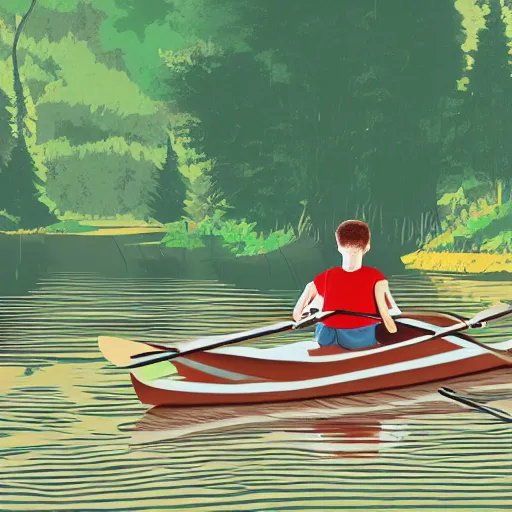 Prompt: boy rowing a boat in a river through the forest, digital art style, illustration painting