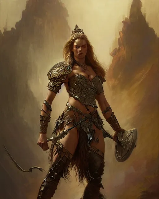 Image similar to a fierce and muscular warrior princess in full armor, fantasy character portrait by greg rutkowski, gaston bussiere, craig mullins, simon bisley