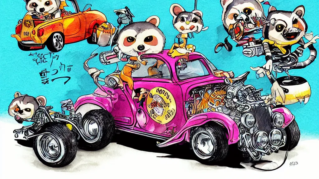 Image similar to cute and funny, racoon riding in a tiny hot rod coupe with oversized engine, ratfink style by ed roth, centered award winning watercolor pen illustration, by chihiro iwasaki, edited by range murata