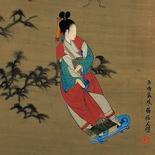 Prompt: the Chinese ancient painting of a lady playing skateboard in Tang Dynasty , by Han Xizai