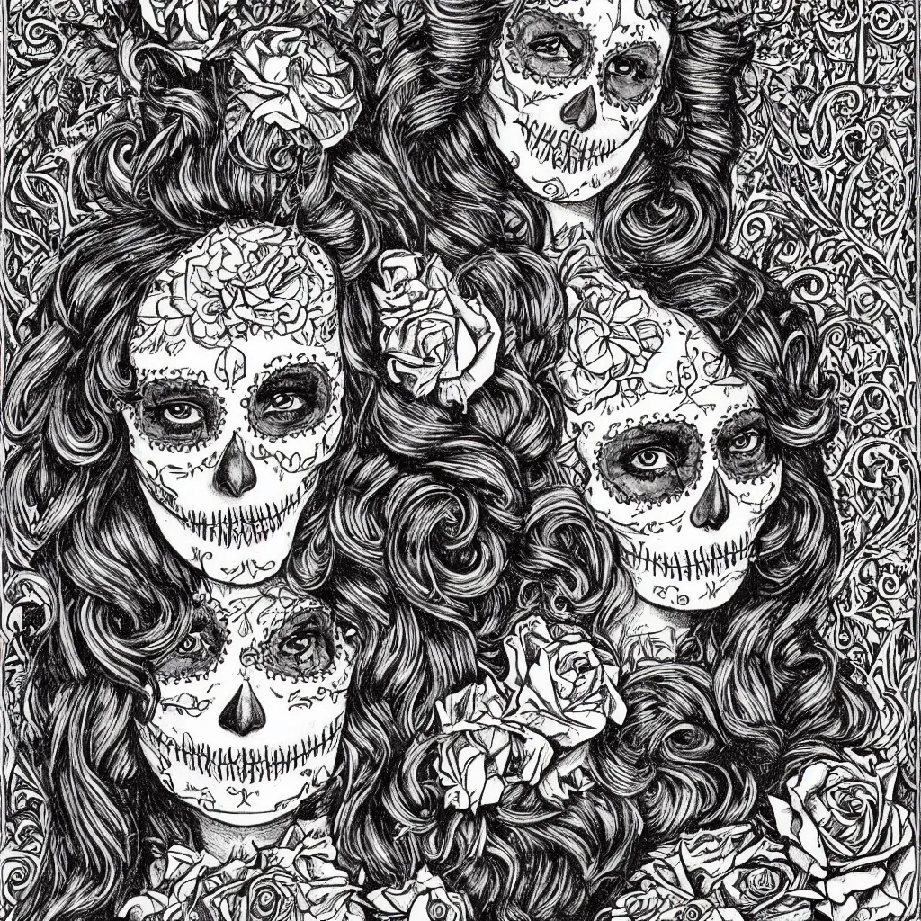 Image similar to Illustration of a sugar skull day of the dead girl, art by louis rhead