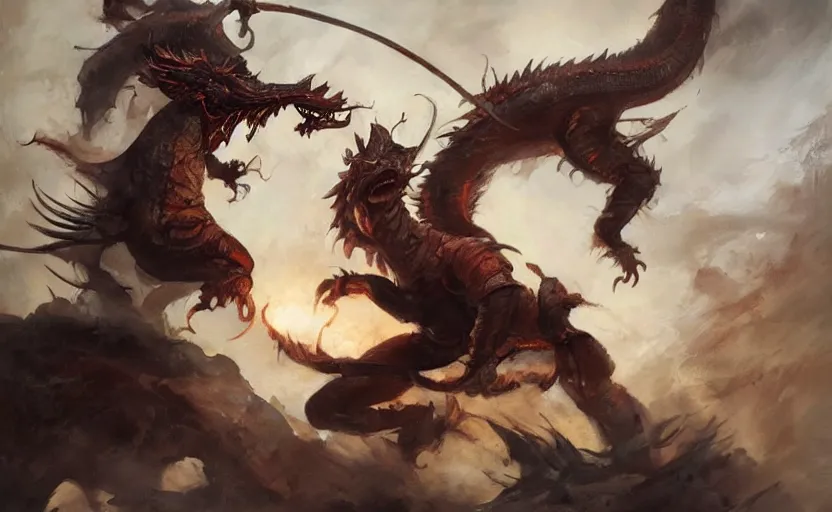 Prompt: A beautiful oil painting of an attractive young Chinese boy fighting a Chinese dragon, by Lucas Graciano, Frank Frazetta, Greg Rutkowski, Boris Vallejo, epic fantasy character art, high fantasy, Exquisite detail, post-processing, low angle, masterpiece, cinematic