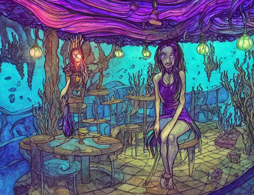 Prompt: witch in an underwater cafe. complementary colors, copic markers, indie concept art, bloom, chiaroscuro, backlighting, intricate details.