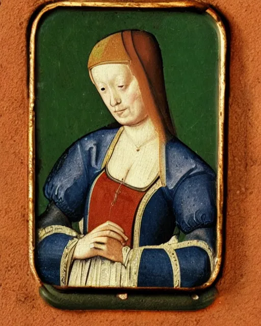 Image similar to a 1 5 th century medieval oil painting of a an iphone on a wireless charger, c. 1 4 7 8. high quality scan