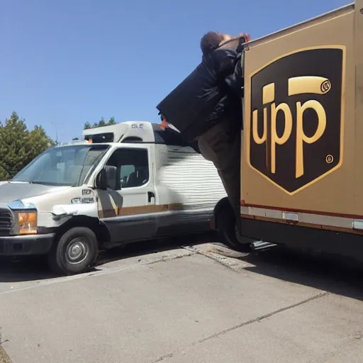 Prompt: ups truck got stuck at the roof