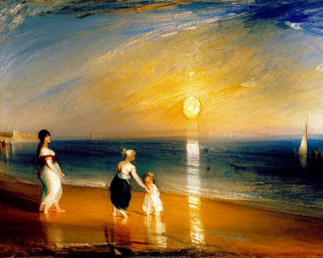 Image similar to a couple and a girl toddler on a beach in sardinia looking at the sunset, there is a sailing boat on the horizon, the woman has long dark hair, white sand, blue sky, summer, white and blue, painting by j. m. w. turner in 2 0 2 2