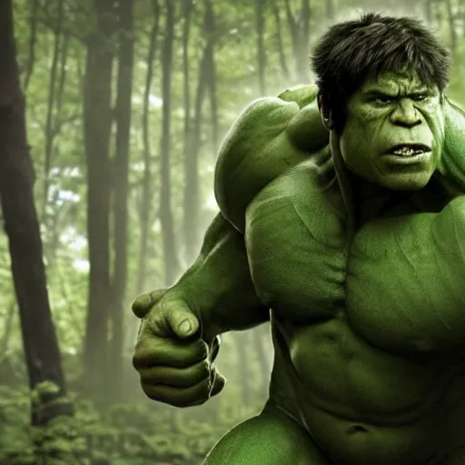 Prompt: the Incredible Hulk as a Sasquatch in the forest