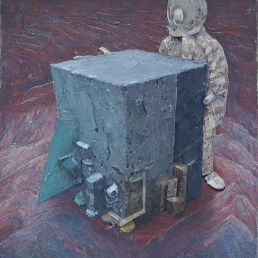 Image similar to an impasto painting by shaun tan of an abandoned abstract sculpture by the caretaker and ivan seal