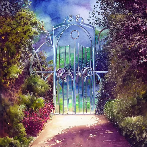 Image similar to delicate starship, chairs, garden, paved, botanic watercolors, iridescent, 8 k, realistic shaded, fine details, artstation, italian, iron gate, tree, mediterranean, marvelous