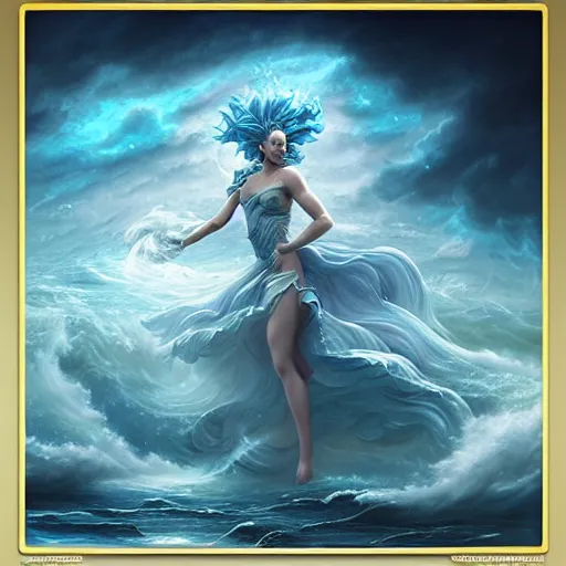 Prompt: powerful goddess of water clothed in swirling water striding through a stormy sea, dress made of water, highly detailed matte fantasy painting, rendered in octane, stormy lighting, by ross tran, by artgerm, by david suh, by peter mohrbacher