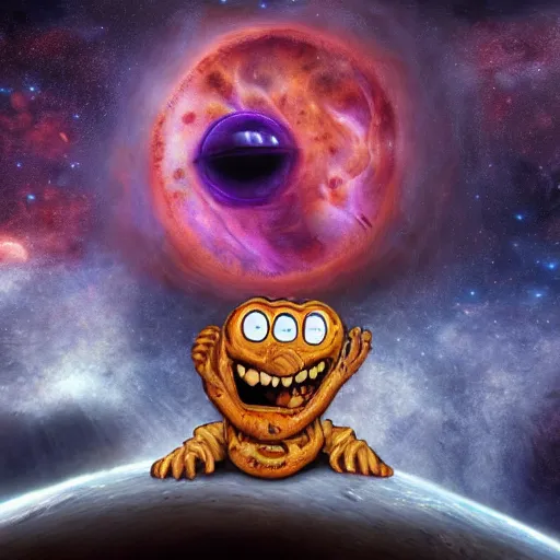 Image similar to one eldritch horror bloody garfield in space, galaxy, hd, 8 k, giant, epic, realistic photo, unreal engine, stars, prophecy, powerful, cinematic lighting, destroyed planet, debris, violent, sinister, ray tracing, dynamic, print, epic composition, dark, horrific, teeth, grotesque, scary, pencil drawing