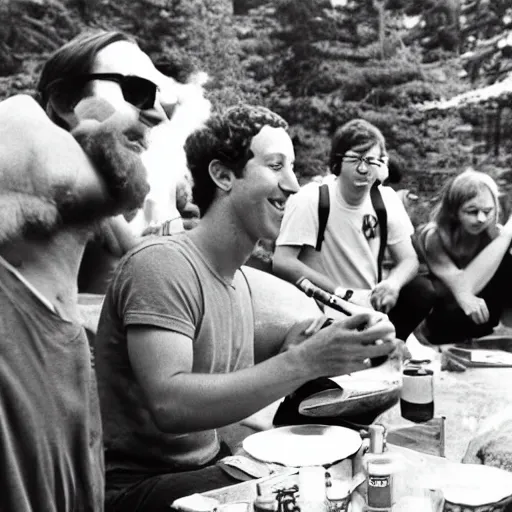 Image similar to photograph of mark zuckerberg smoking bongs and selling acid at powder ridge rock festival, 1 9 7 0