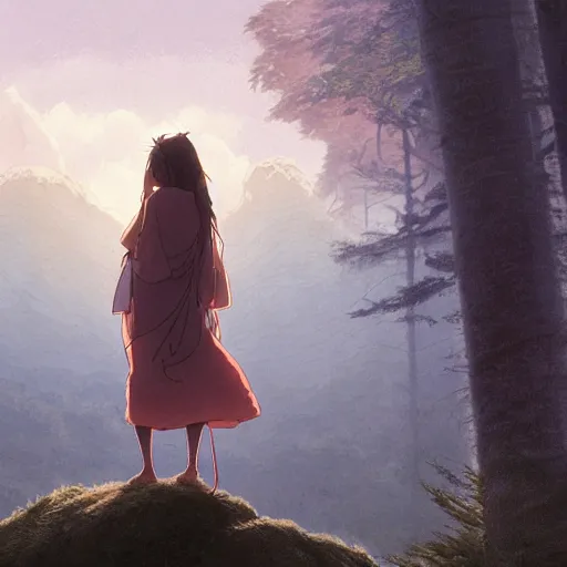 Prompt: portrait of woman, long brown hair, cloth, princess mononoke, 4 k, greg rutkowski, high detail, dramatic lighting, sunset, hayao miyazaki, masashi ando, nizou yamamoto, kazuo oga, joe hisaishi, yoji takeshige, naoya tanaka