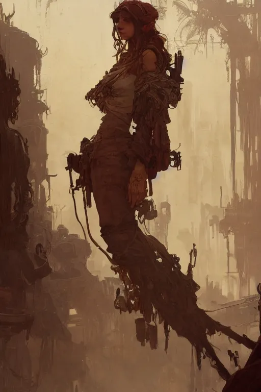 Prompt: A full portrait of a beautiful post apocalyptic offworld junk merchant, intricate, elegant, highly detailed, digital painting, artstation, concept art, smooth, sharp focus, illustration, art by Krenz Cushart and Artem Demura and alphonse mucha