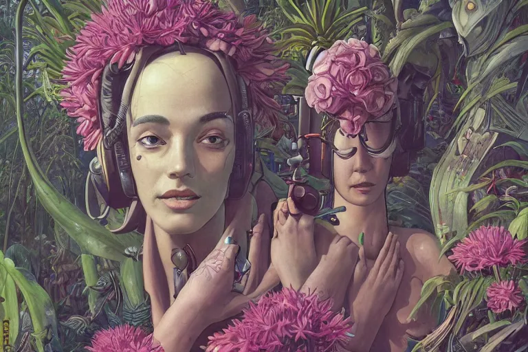 Image similar to evangelionic illustration, gigantic girl head, a lot of exotic vegetation, trees, tremendous pleasure robot, flowers, oldschool vintage sci - fi flat surreal design, super - detailed, oil painting by moebius, hd, 4 k, high quality