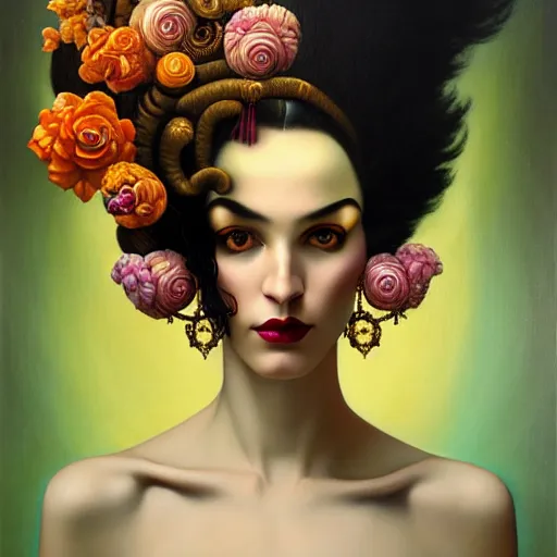 Image similar to dynamic composition, a painting of a woman with hair of flowers and raven plummage wearing ornate earrings, a surrealist painting by tom bagshaw and jacek yerga and tamara de lempicka and jesse king, featured on cgsociety, pop surrealism, surrealist, dramatic lighting, wiccan, pre - raphaelite, ornate gilded details