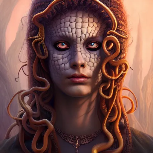 Image similar to medusa, perfect eyes, full body shot, snakes, portrait, fantasy, beautiful face, medieval, vivid colors, elegant, concept art, sharp focus, digital art, Hyper-realistic, 4K, Unreal Engine, Highly Detailed, HD, Dramatic Lighting by Brom, trending on Artstation