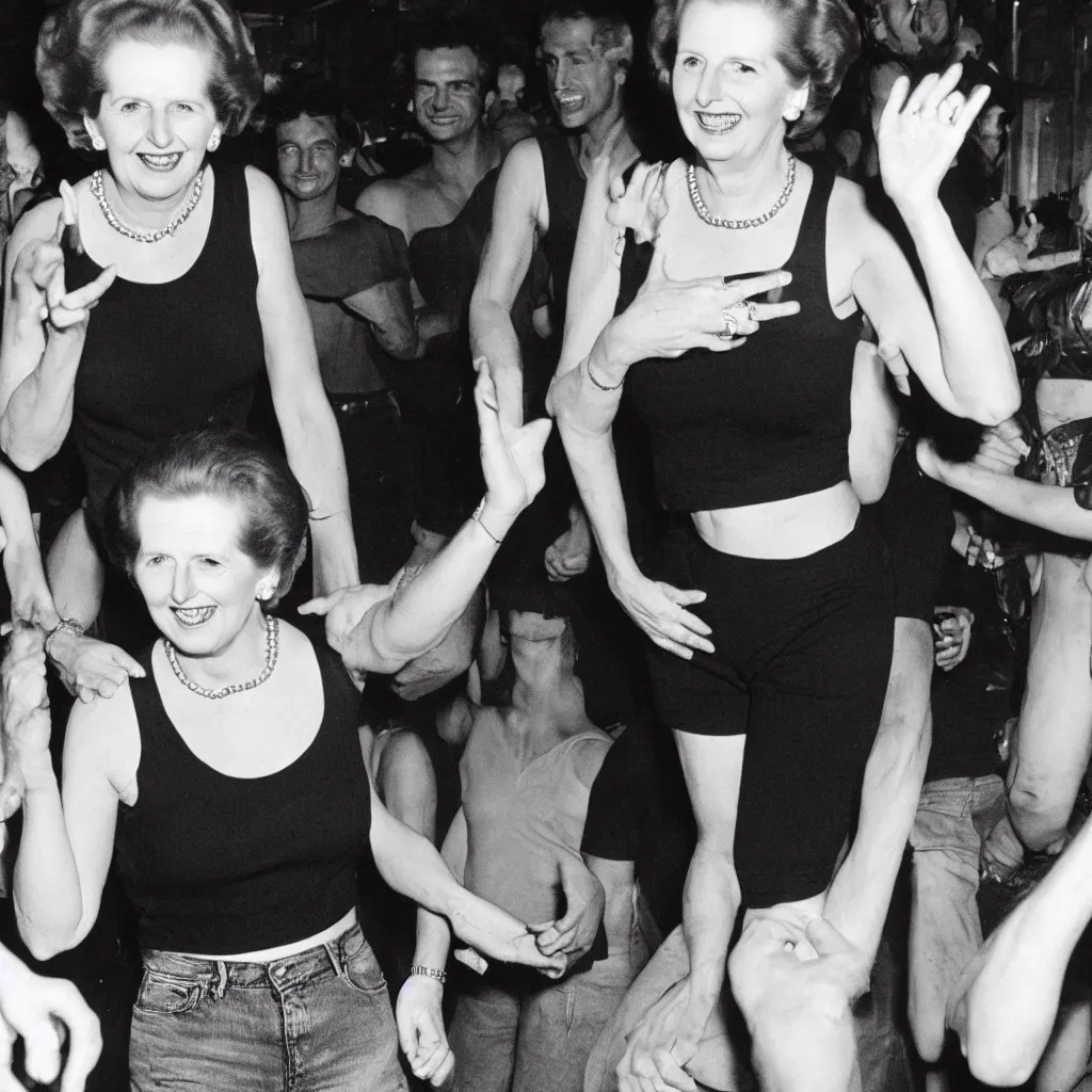 Image similar to margaret thatcher smiling, dancing in a night club wearing a black crop tank top and jeans shorts, photography