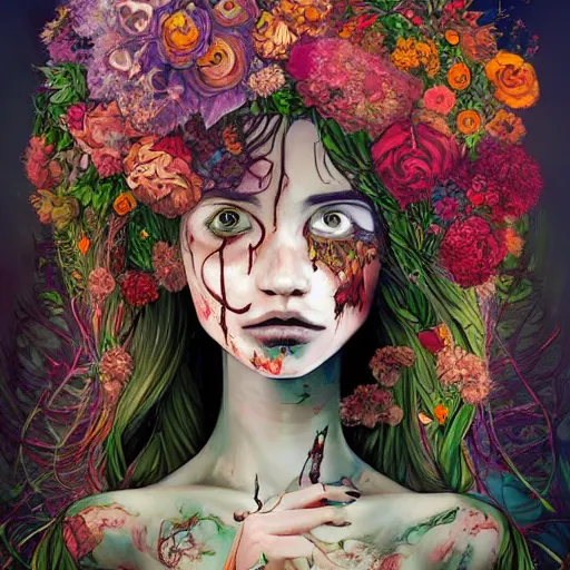 Prompt: a painting of a beatiful young zombie girl with a lot of flowers and plants on its head, poster art by android jones, behance contest winner, generativ line art, glowing, shallow depth of field, 5 0 mm, full body!! symmetry