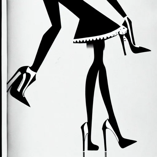 Prompt: book illustration of huge and hungry monster with women's legs wearing high heels, book illustration, monochromatic, white background, black and white image