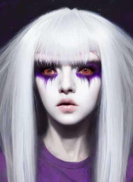 Image similar to hair whitebangs hair, white cyberlox, portrait of normal teenage girl, normal face, black bangs, messy bangs, fluffy bangs, cyberlox, whitebangs, red contact lenses, purple background, intricate, elegant, highly detailed, digital painting, artstation, concept art, sharp focus, smooth, illustration, art by wlop, mars ravelo and greg rutkowski