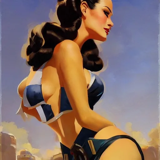 Prompt: greg manchess portrait painting of a sexy beauty 1 9 4 0's pinup as overwatch's characters, medium shot, asymmetrical, profile picture, organic painting, sunny day, matte painting, bold shapes, hard edges, street art, trending on artstation, by huang guangjian and gil elvgren and sachin teng