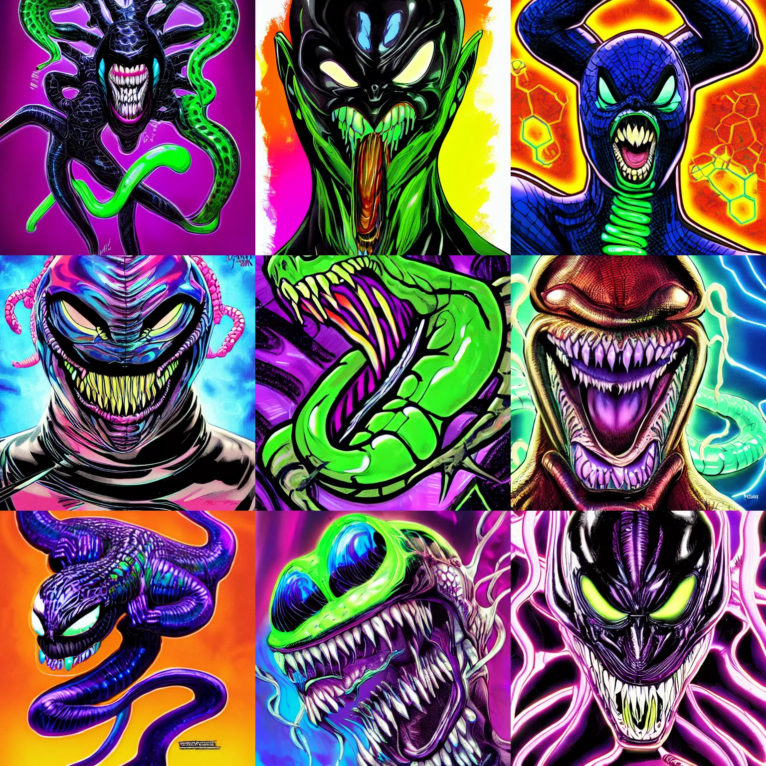 Prompt: blacklight venom, marvel comic, long slimey tongue, rich iridescent colors, digital art, d & d, detailed, 4 k hd