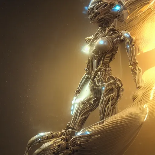 Image similar to biomechanical mecha white mermaid underwater, rays of light. Style of westworld, cables, lights, searchlight, weta digital, octane render, insane details, ultra realistic, beatifully lit, reflections