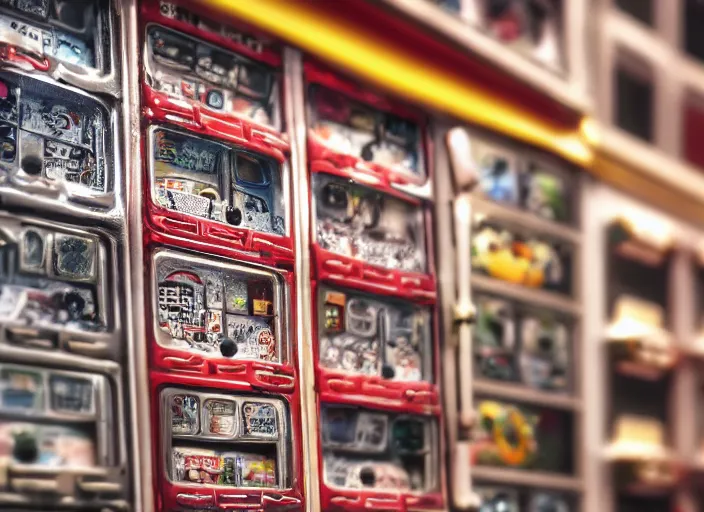 Image similar to closeupof portrait of tin toy tokyo corner store and vending machines, depth of field, zeiss lens, detailed, centered, photoshoot, by nicoletta ceccoli, mark ryden, lostfish, breathtaking, 8 k resolution, extremely detailed, beautiful, establishing shot, artistic, hyperrealistic, octane render, - h 7 0 4
