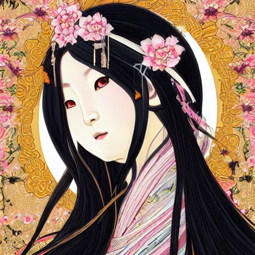 Image similar to portrait of the japanese moon princess kaguya hime with long flowing black hair wearing an ornate kimono with intricate floral patterns, touhou character illustration by ross tran, bo chen, toni infante, rebecca oborn, michael whelan, trending on artstation cgsociety hq