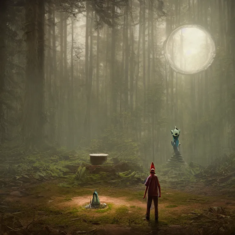 Image similar to a forest gnome standing in front of a circle portal open to another world Detailed digital matte painting in the style of simon stalenhag