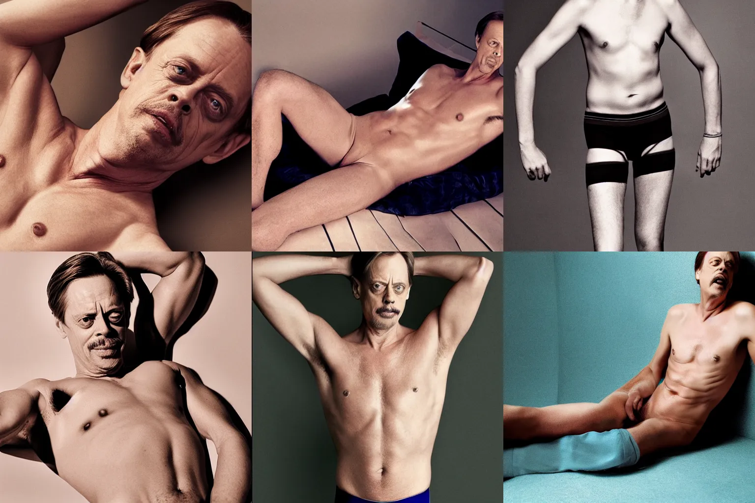 Prompt: steve buscemi, underwear ad, calvin klein photography, full body shot