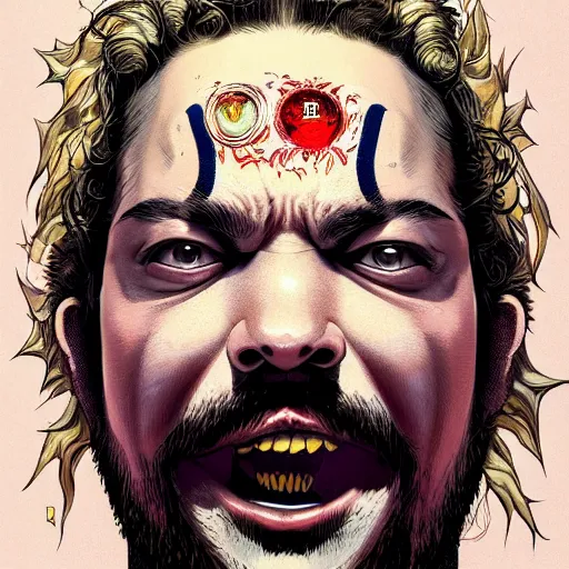 Image similar to portrait of crazy post malone, symmetrical, by yoichi hatakenaka, masamune shirow, josan gonzales and dan mumford, ayami kojima, takato yamamoto, barclay shaw, karol bak, yukito kishiro