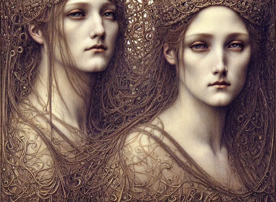 Image similar to detailed realistic beautiful young medieval queen face portrait by jean delville, gustave dore and marco mazzoni, art nouveau, symbolist, visionary, gothic, pre - raphaelite. horizontal symmetry