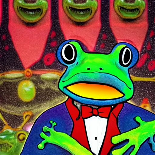 Image similar to Obama turned frog gay with chemicals colorful photo-realistic