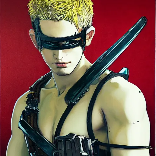 Image similar to portrait of a young white hero using his right arm to hold his sword covering his eye by yoji shinkawa, high quality, extra details, realism, ornate, colored, golden chain, blood, white skin, short hair, brown eyes, vivid, sunlight, dynamic, american man, freedom, white american soldier, painting, cybernetics, military